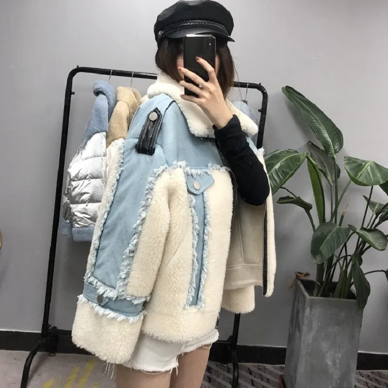 Women's Winter Casual Loose Short Denim Coat With Wool