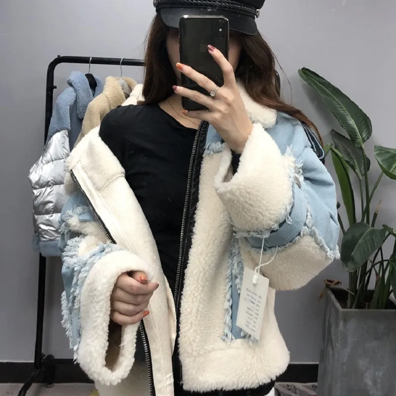 Women's Winter Casual Loose Short Denim Coat With Wool