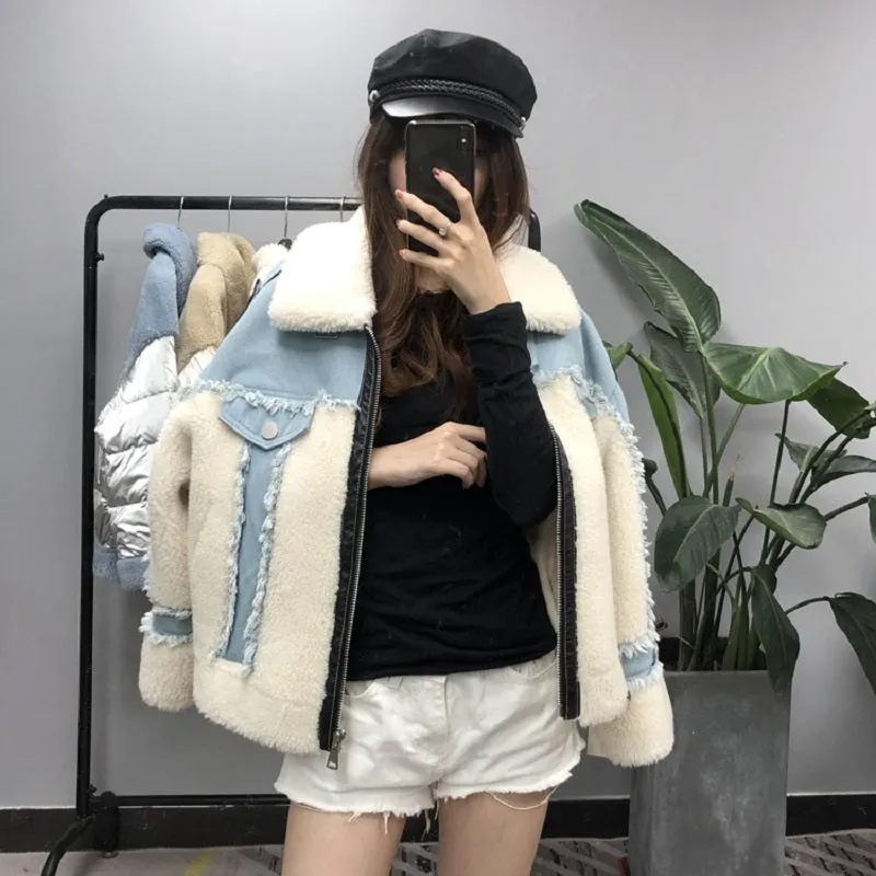 Women's Winter Casual Loose Short Denim Coat With Wool