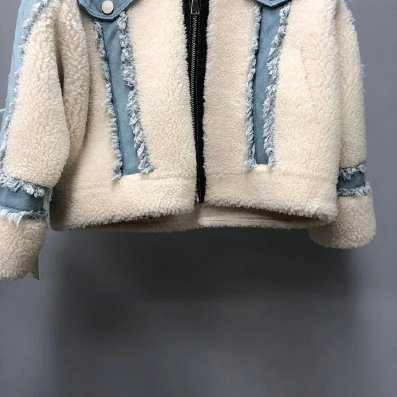 Women's Winter Casual Loose Short Denim Coat With Wool