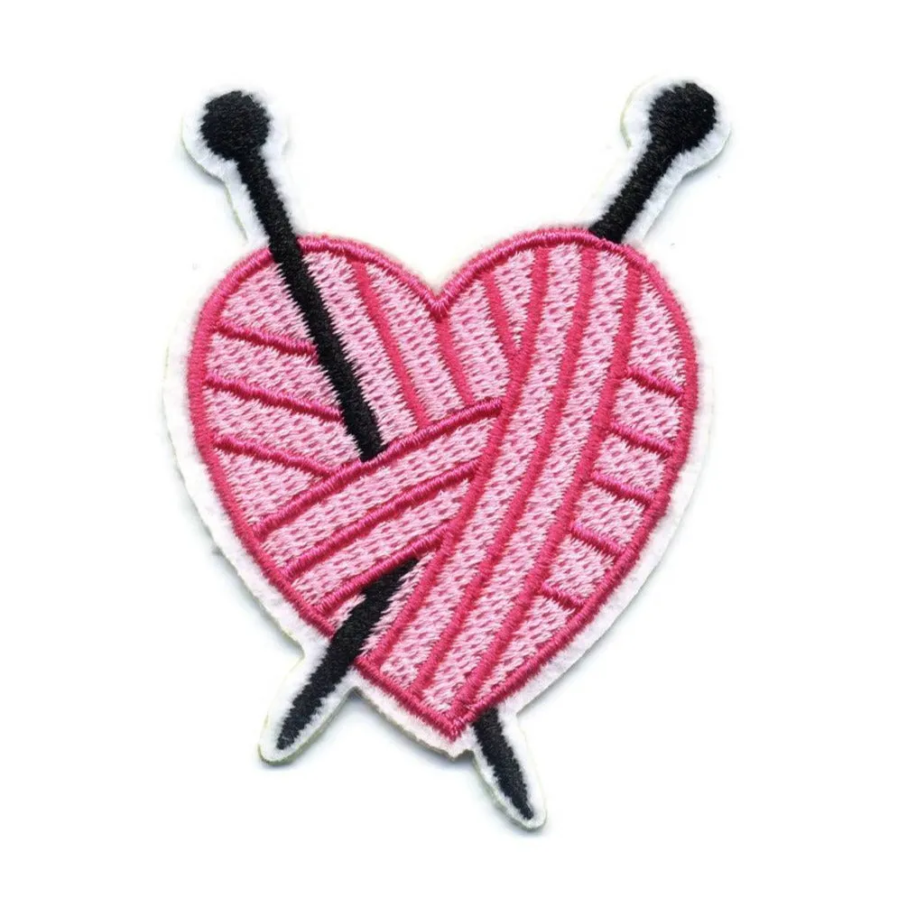 Yarn Patch for Knitter, I Love Knitting Patch, Iron On Pink Yarn Heart with Knitting Needles