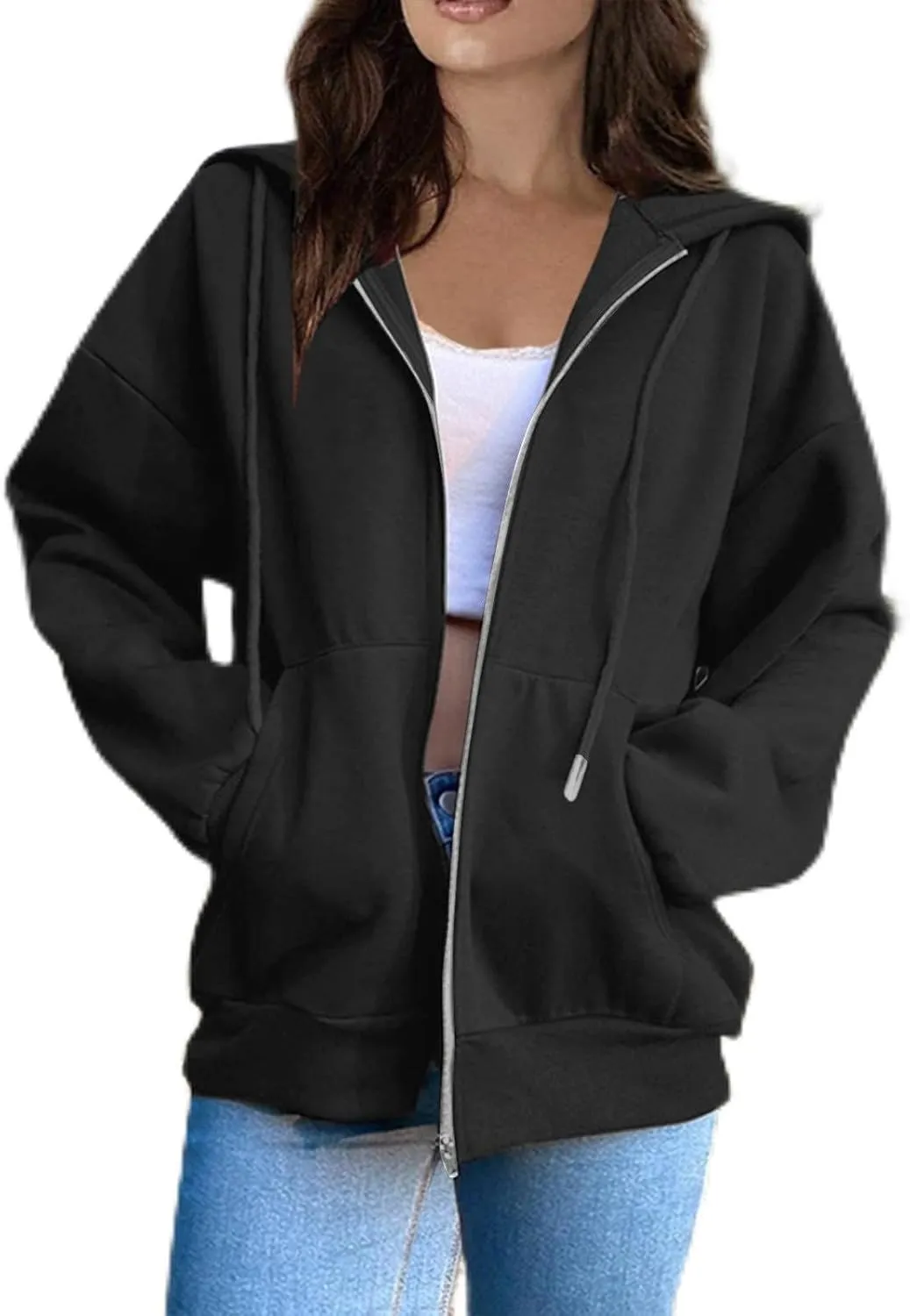 Zipper Up Hoodies for Women - Lightweight Solid Color Casual Long Sleeve Oversized Sweatshirts with Pockets, 2024 Y2K Fashion